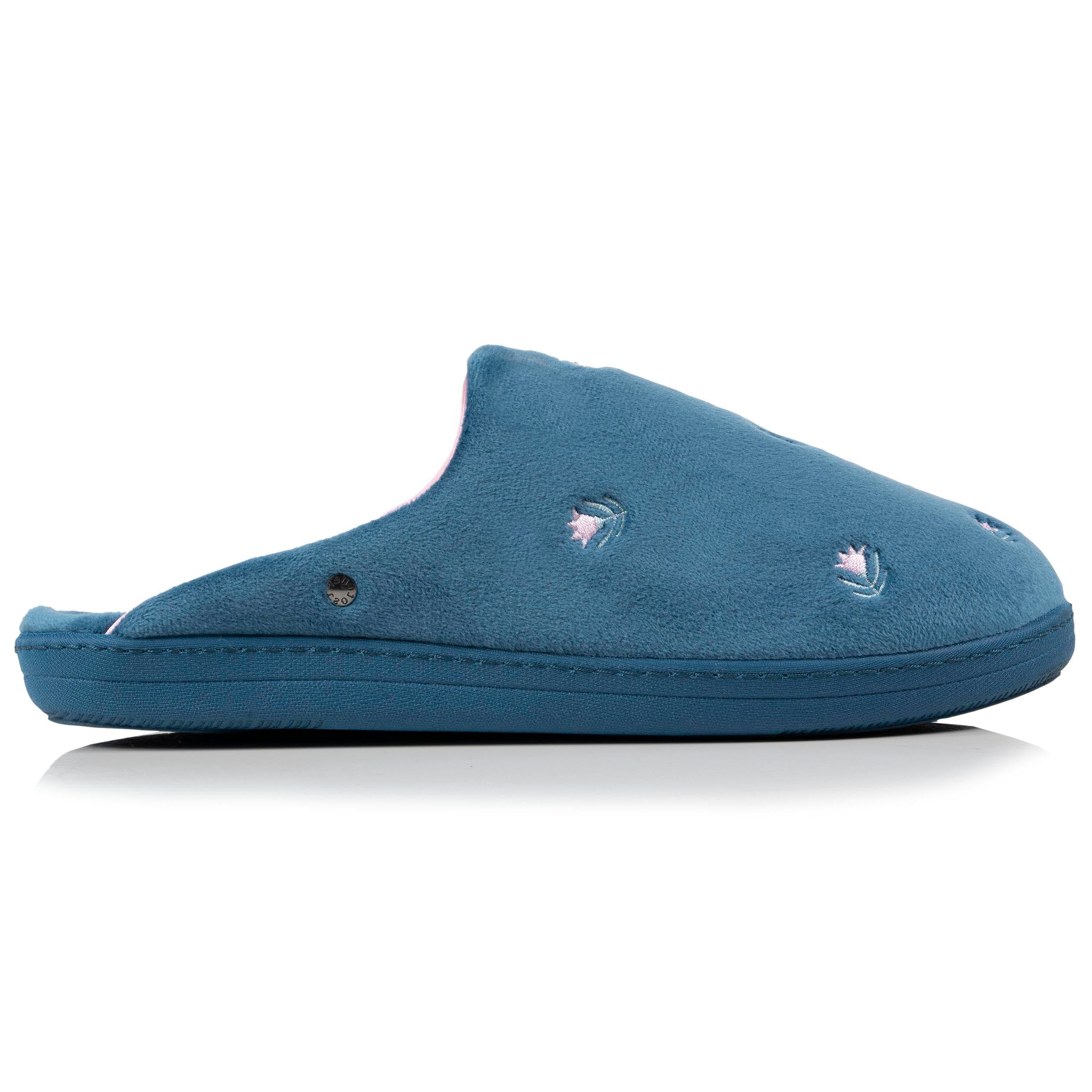isotoner-chaussons-mules-femme-bleu-canard-fleurs image 8