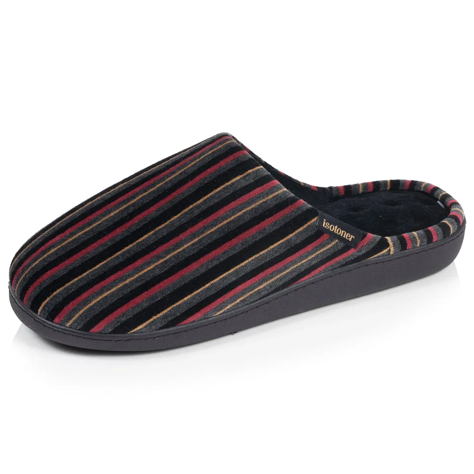isotoner-chaussons-mules-homme-rayures-bordeaux image 1