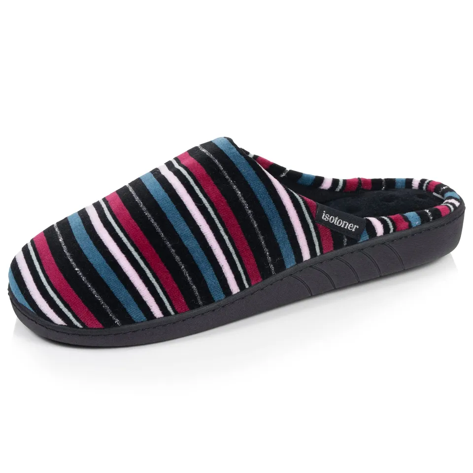 isotoner-chaussons-mules-femme-rayures-canard image 1