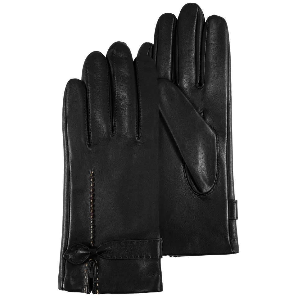 isotoner-gants-femme-cuir-d-agneau-n-ud-noir-doubl-s-soie image 1