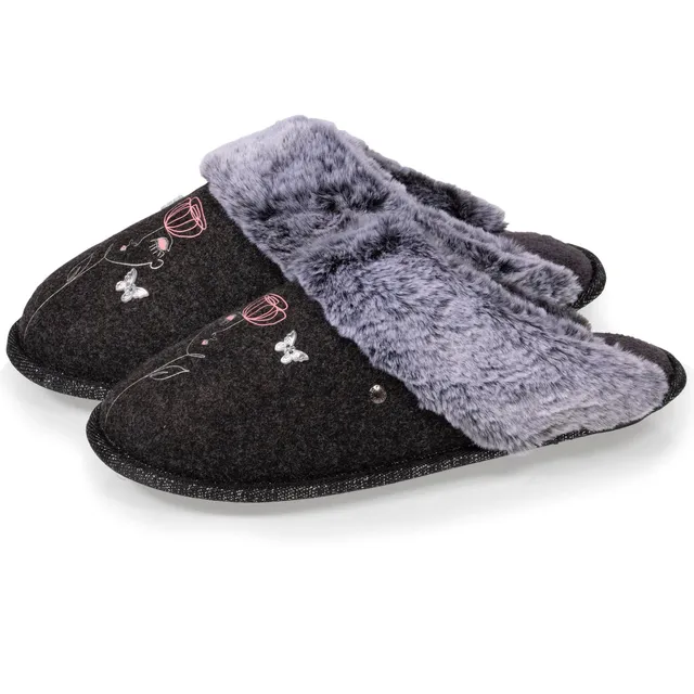 isotoner-mules-plates-femme-gris-dessin-feutrine-lavable image 1
