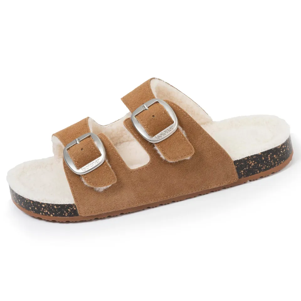 isotoner-chaussons-sandales-femme-sherpa-camel-cuir image 1
