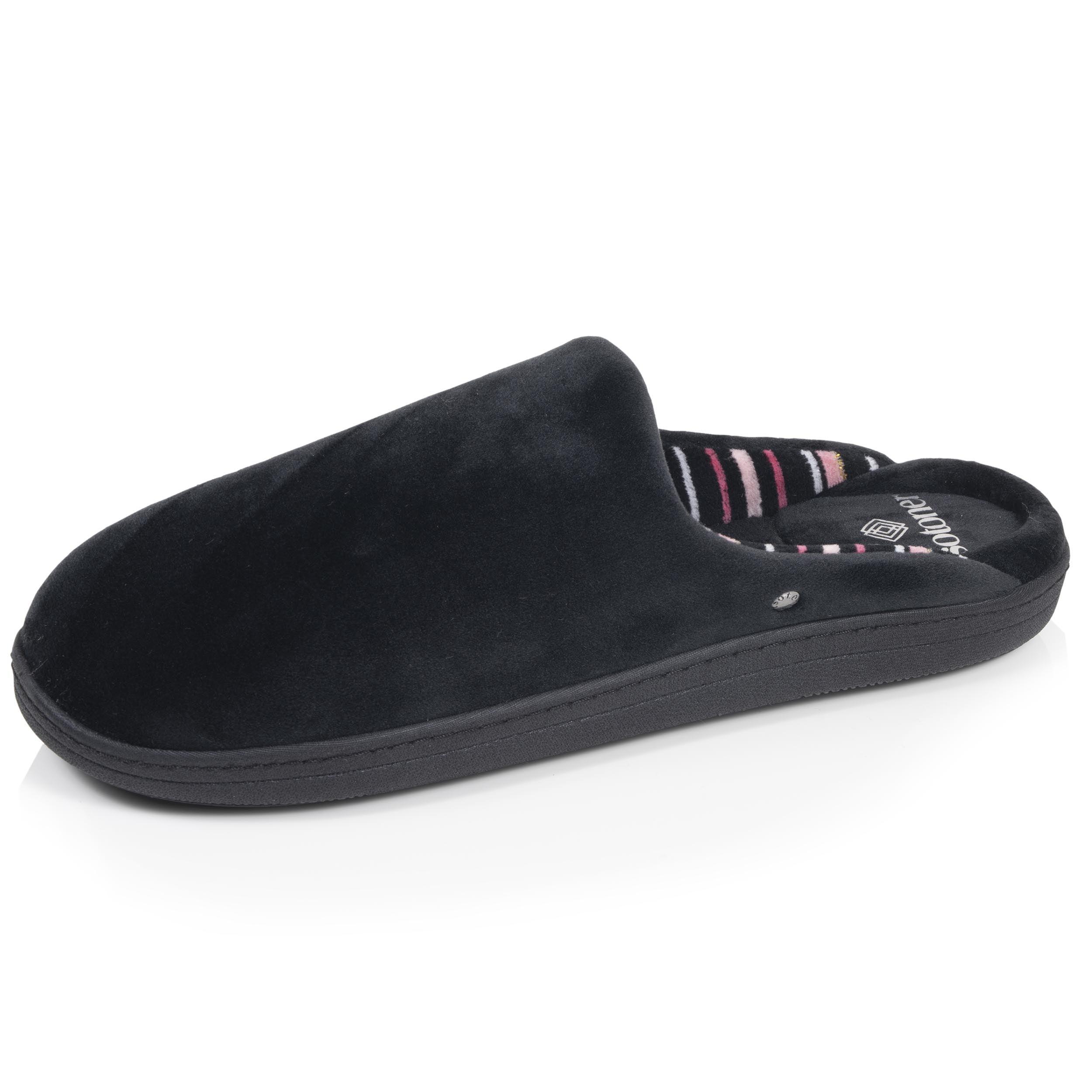 isotoner-chaussons-mules-femme-noir-rayures-roses image 1