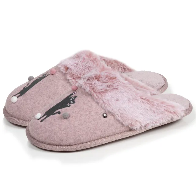 isotoner-chaussons-mules-femme-plates-rose-chin-feutrine-confort image 1