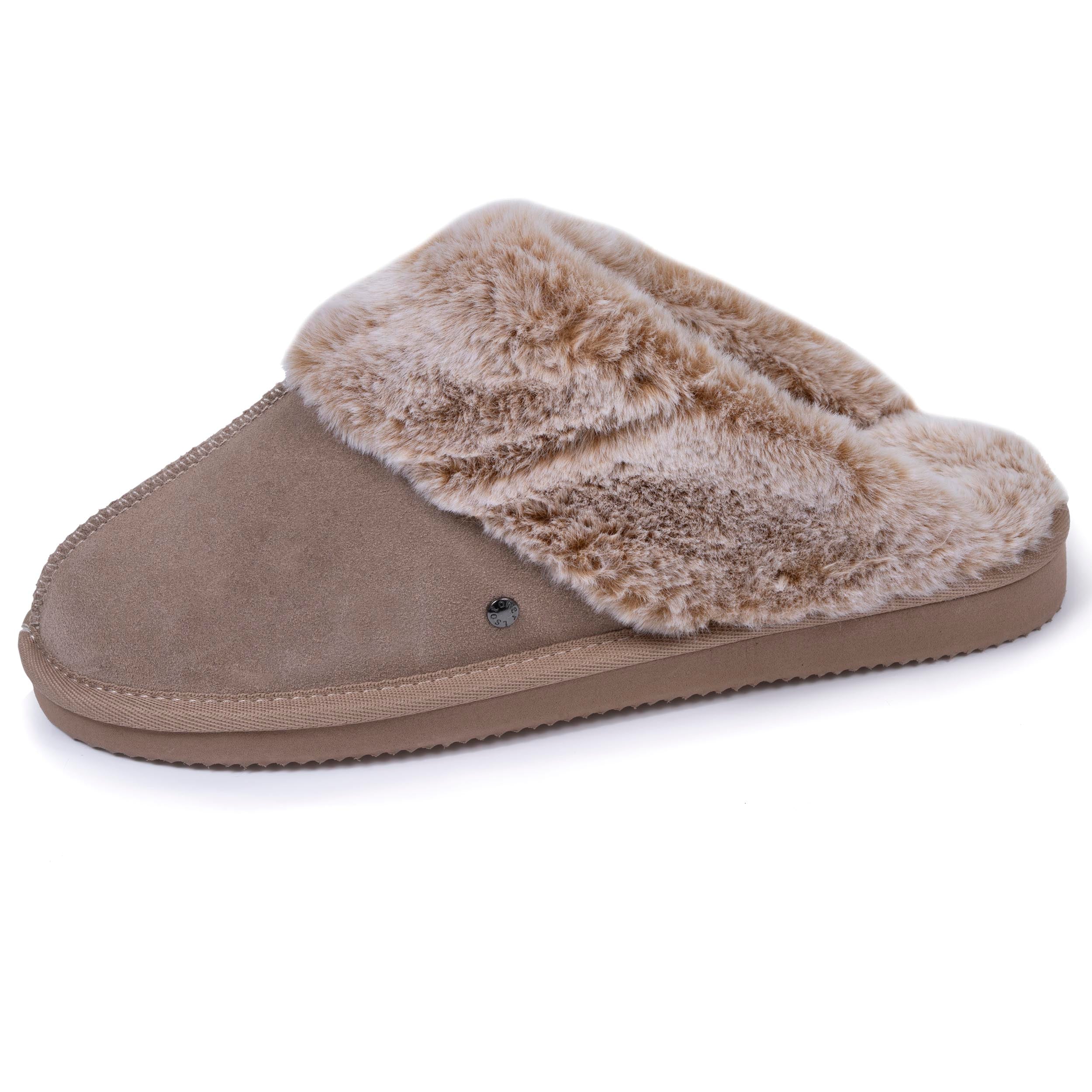 isotoner-chaussons-mules-fourr-es-femme-beige-cuir image 1