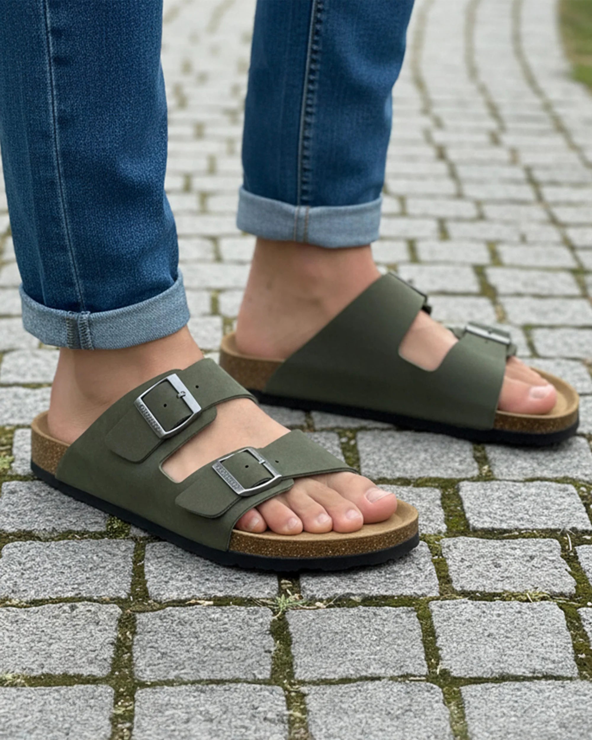 isotoner-mules-sandales-homme-double-bride-kaki-r-glable image 2