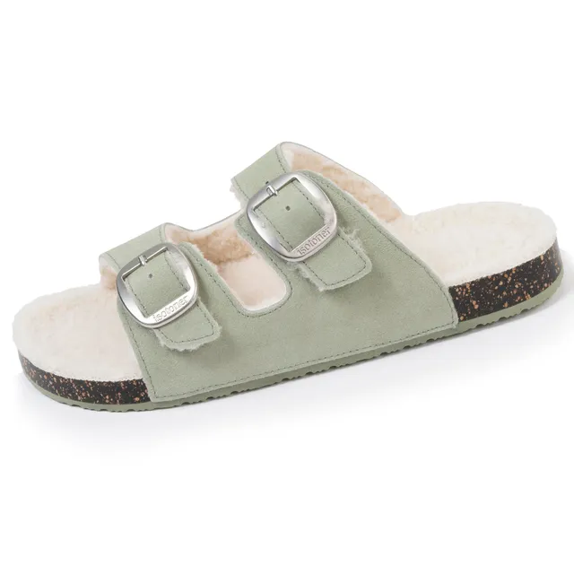 isotoner-chaussons-sandales-femme-sherpa-vert-d-eau-cuir image 1