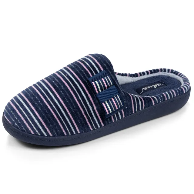 isotoner-chaussons-mules-femme-rayures-marine-velours-coton-vo-te-plantaire image 1