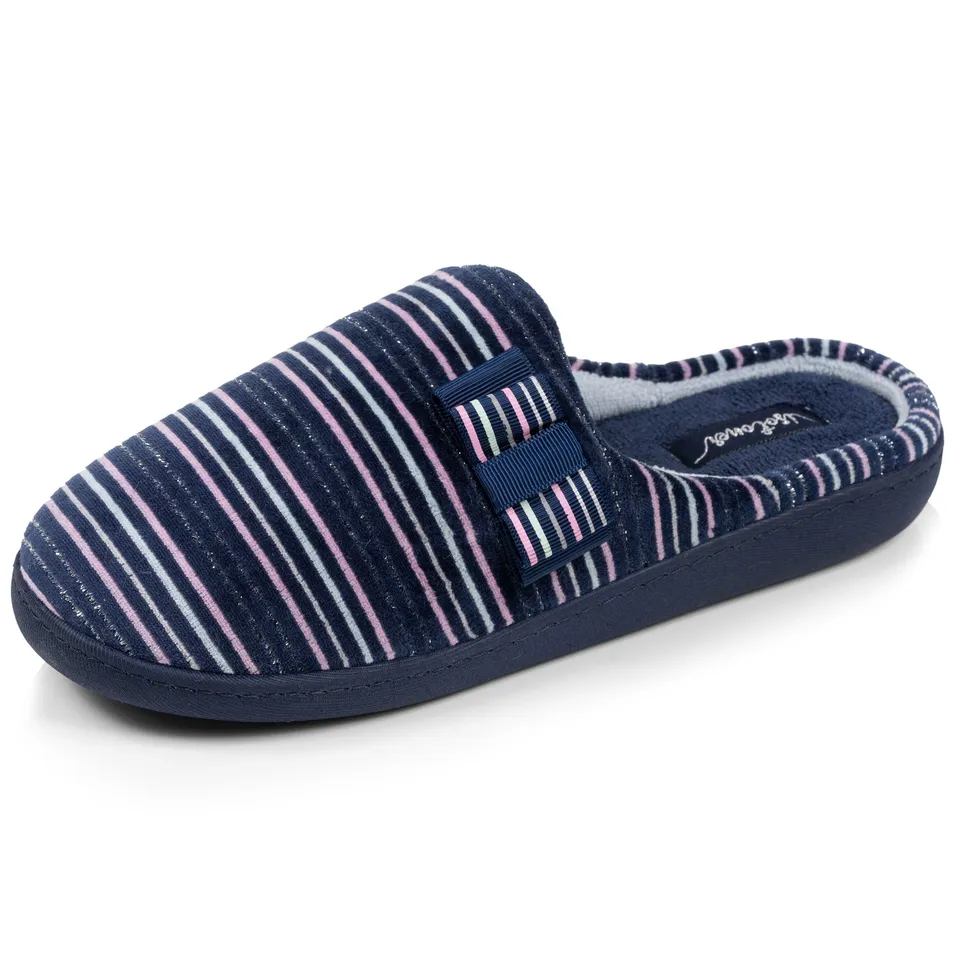 isotoner-chaussons-mules-femme-rayures-marine-velours-coton-vo-te-plantaire image 1