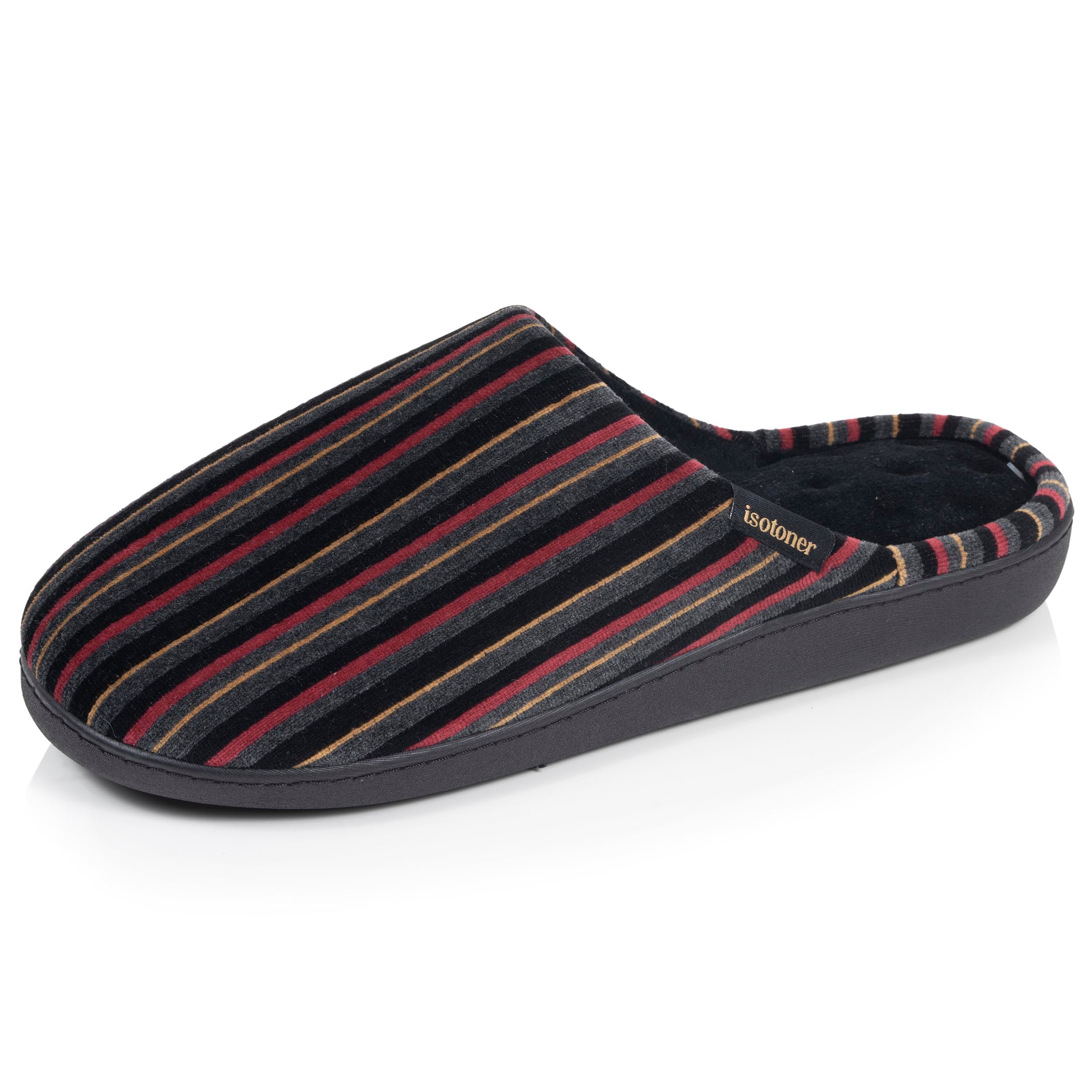 isotoner-chaussons-mules-homme-rayures-bordeaux image 1