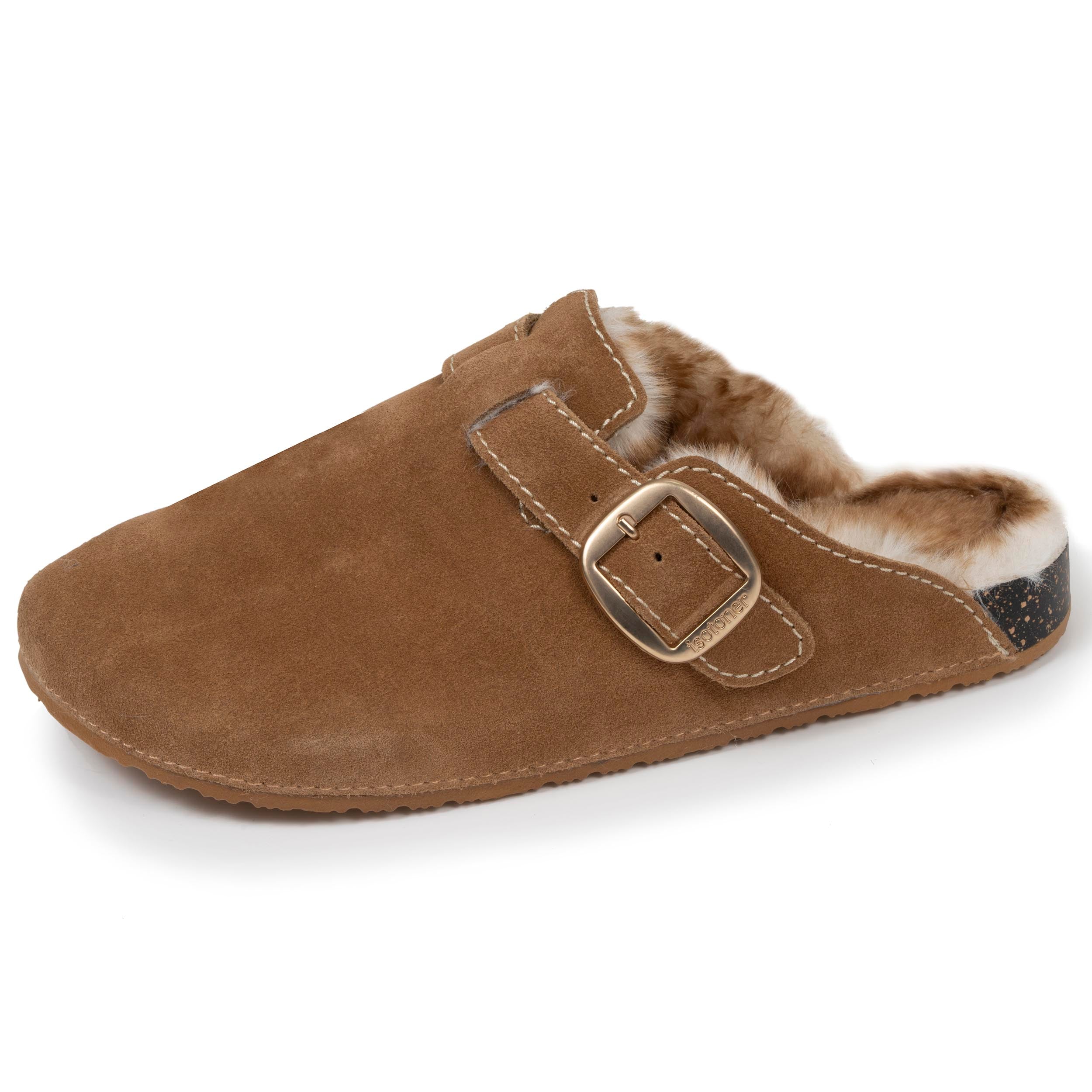 isotoner-sabots-femme-camel-cuir-surpiq-res-blanches image 1