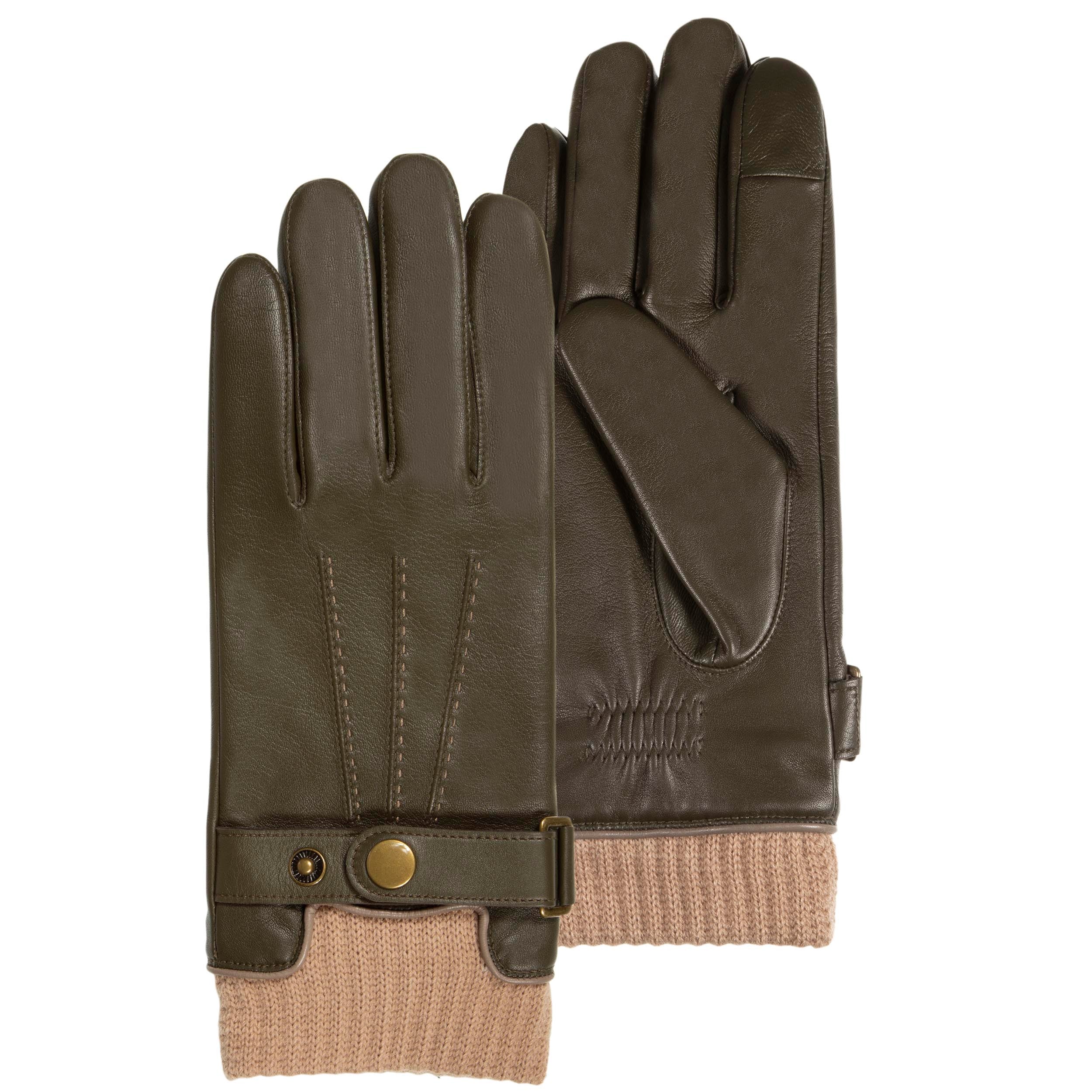 isotoner-gants-homme-tactiles-cuir-tricot-kaki image 1