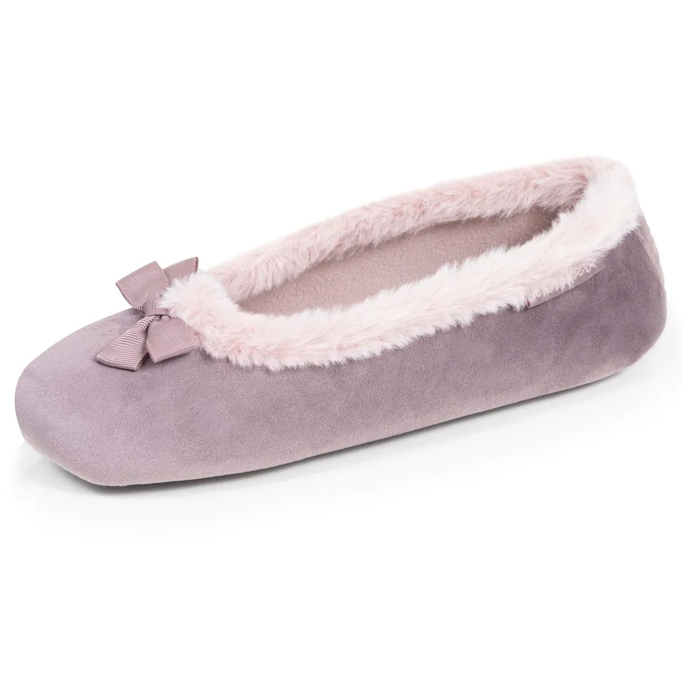 isotoner-chaussons-ballerines-femme-microvelours-taupe image 1