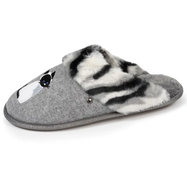 isotoner-chaussons-mules-femme-plates-chat-gris-feutrine-confort image 1