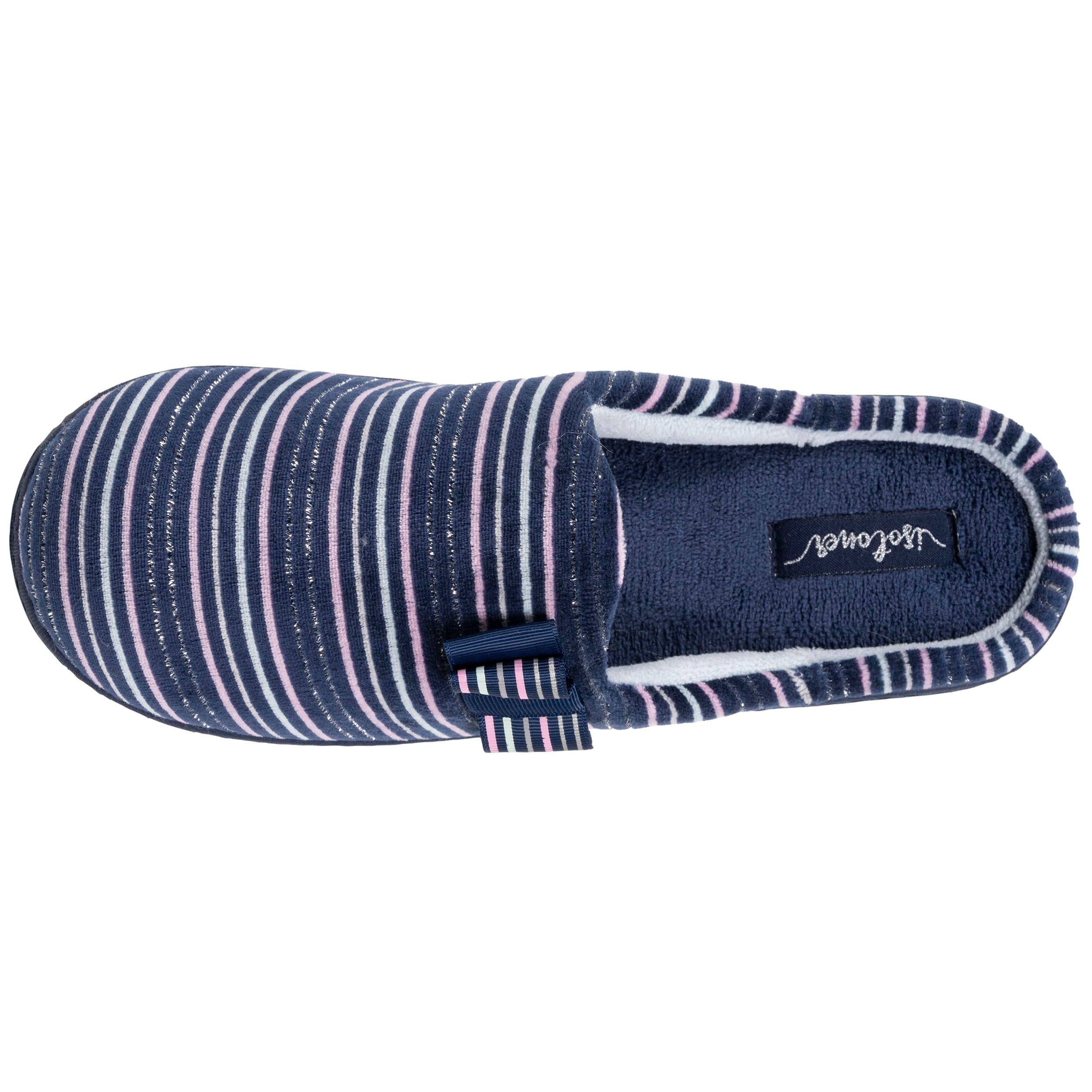 isotoner-chaussons-mules-femme-rayures-marine-velours-coton-vo-te-plantaire image 2