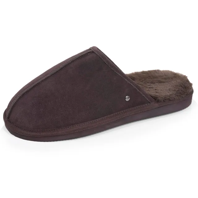 isotoner-chaussons-mules-homme-cuir-chocolat image 1