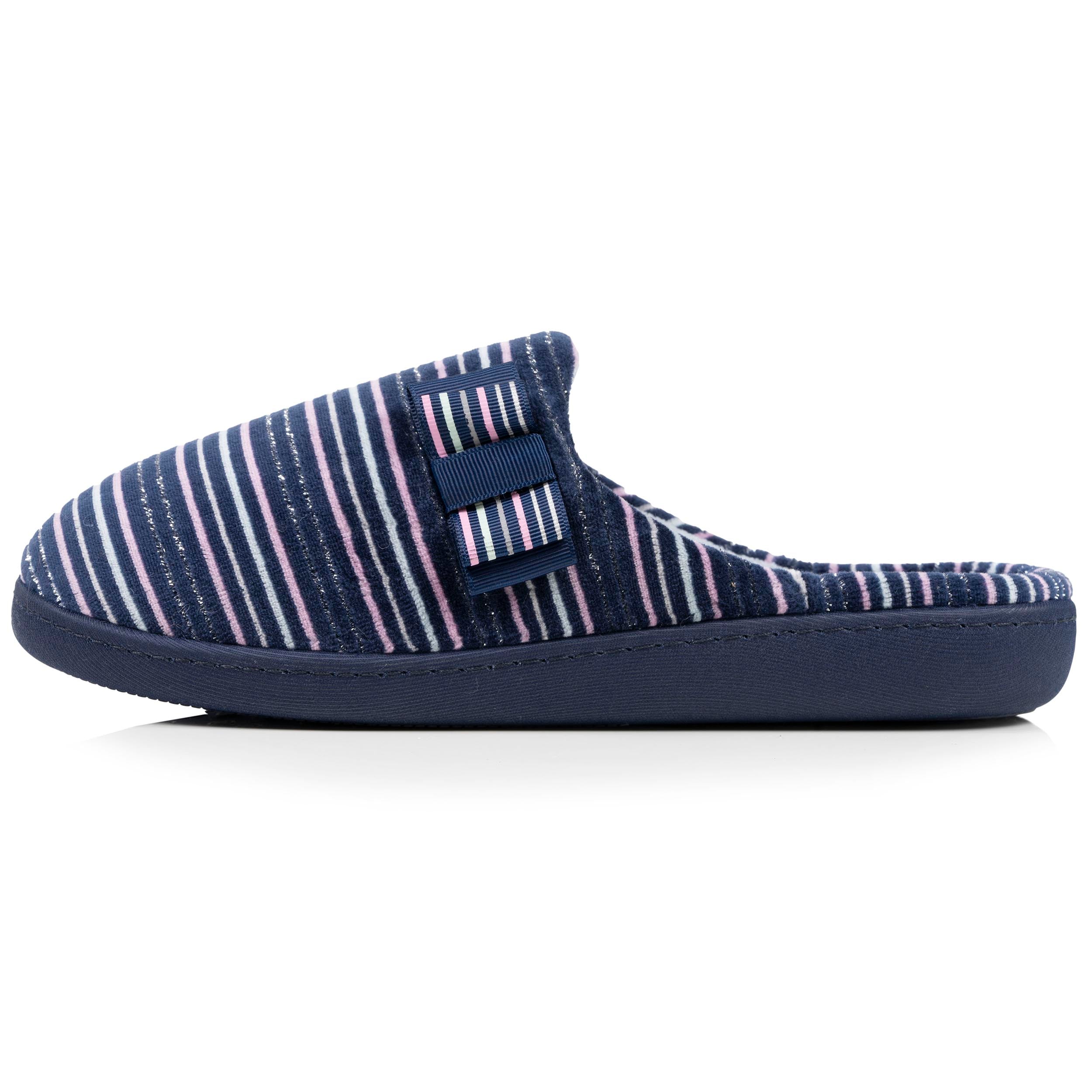 isotoner-chaussons-mules-femme-rayures-marine-velours-coton-vo-te-plantaire image 3