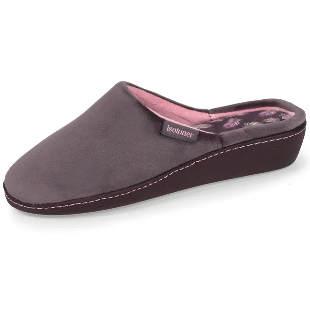isotoner-chaussons-mules-talon-femme-gris-fonc-rose-4-cm image 1