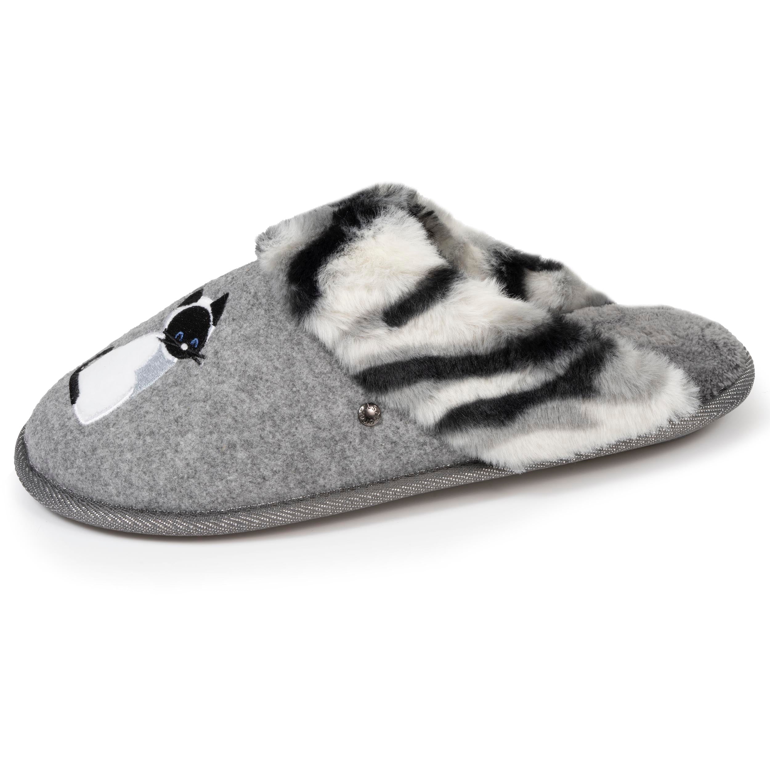 isotoner-chaussons-mules-femme-plates-chat-gris-feutrine-confort image 1
