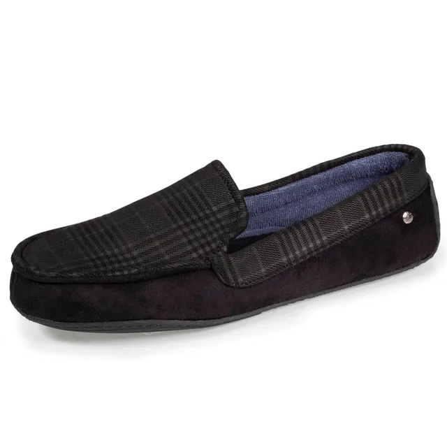 isotoner-chaussons-mocassins-homme-noir-tartan-semelle-gomme image 1