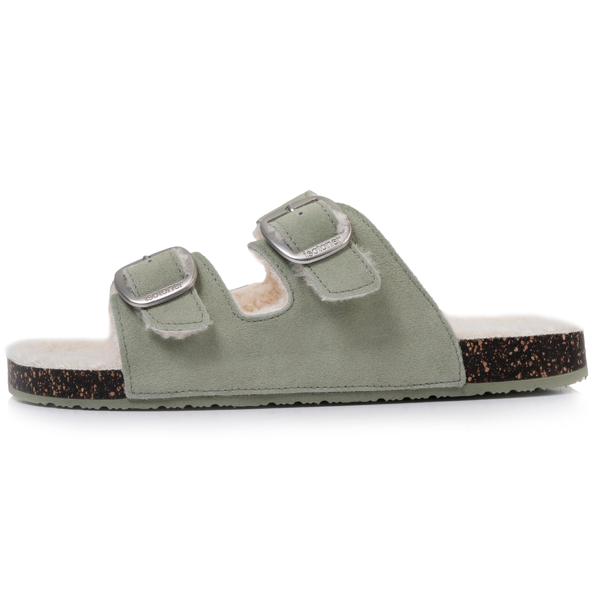 isotoner-chaussons-sandales-femme-sherpa-vert-d-eau-cuir image 3