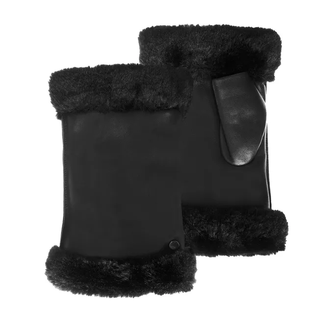 isotoner-mitaines-femme-cuir-d-agneau-noir-doubl-es-fausse-fourrure image 1