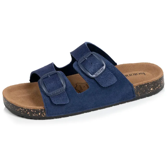 isotoner-mules-sandales-femme-double-bride-cuir-bleu-fonc image 1