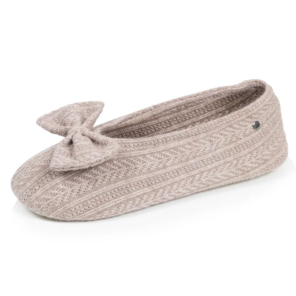 isotoner-chaussons-ballerines-femme-grand-n-ud-taupe image 1
