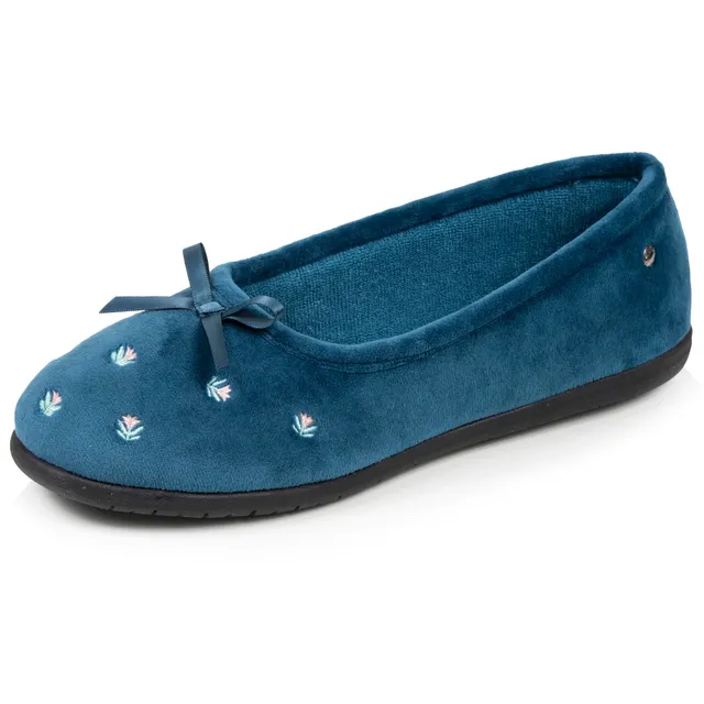 isotoner-chaussons-ballerines-femme-bleu-canard-fleurs-velours image 1
