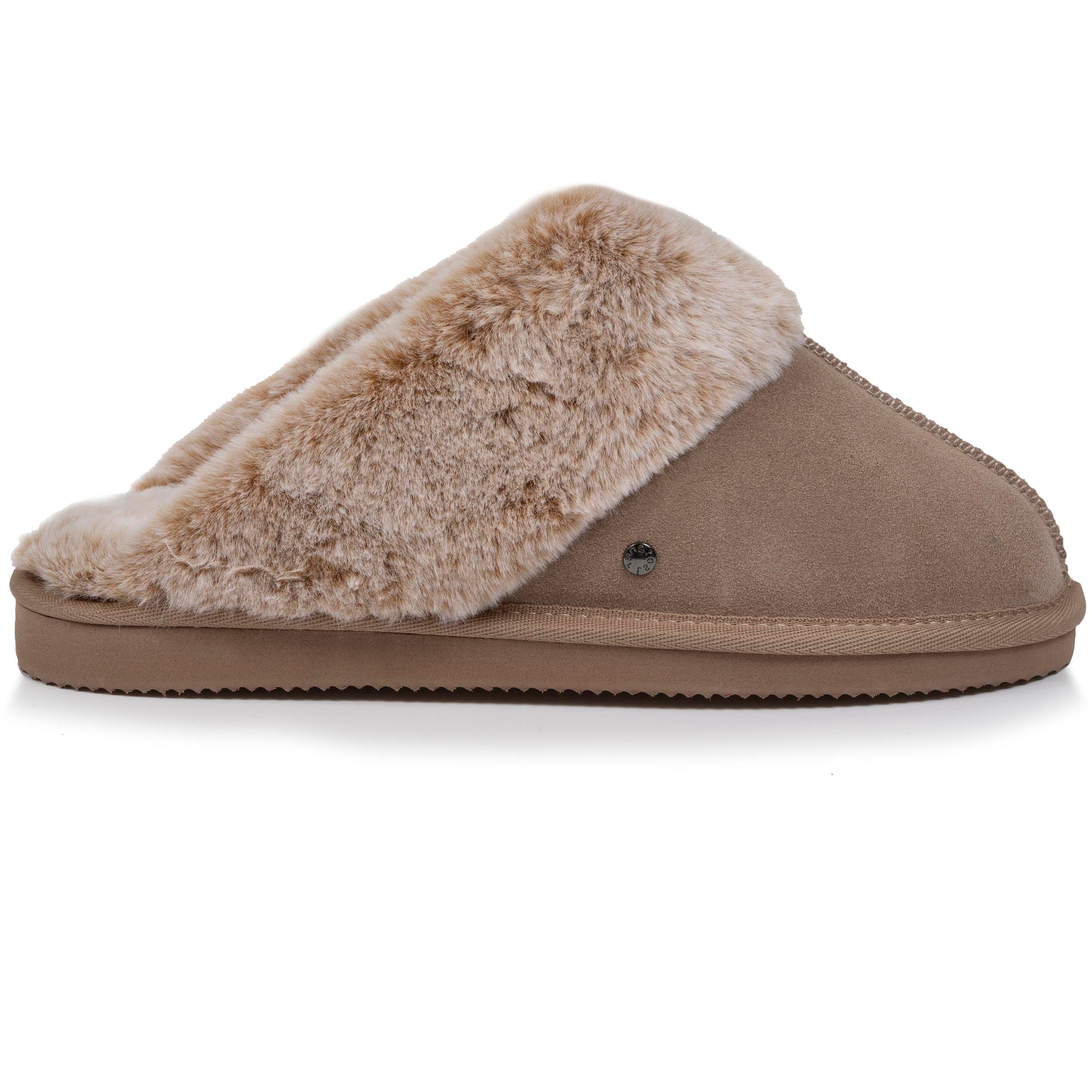 isotoner-chaussons-mules-fourr-es-femme-beige-cuir image 8