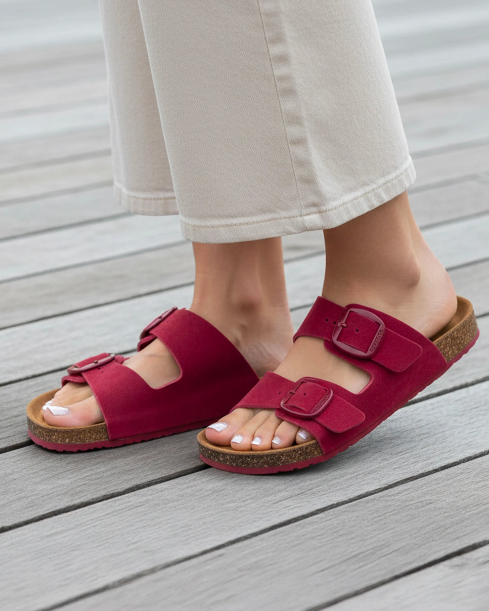 isotoner-mules-sandales-femme-double-bride-cuir-framboise-premium image 2