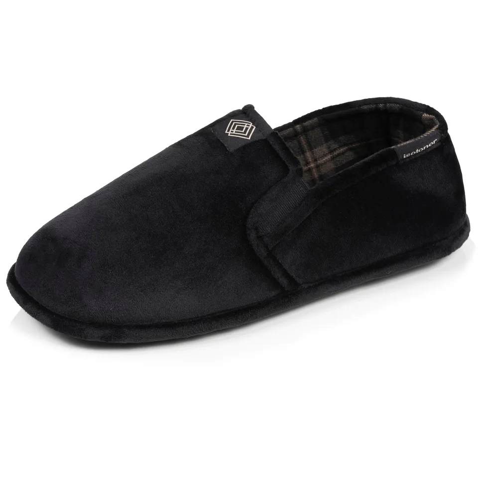isotoner-chaussons-sans-g-nes-homme-noir-tartan-lastiqu-s image 1