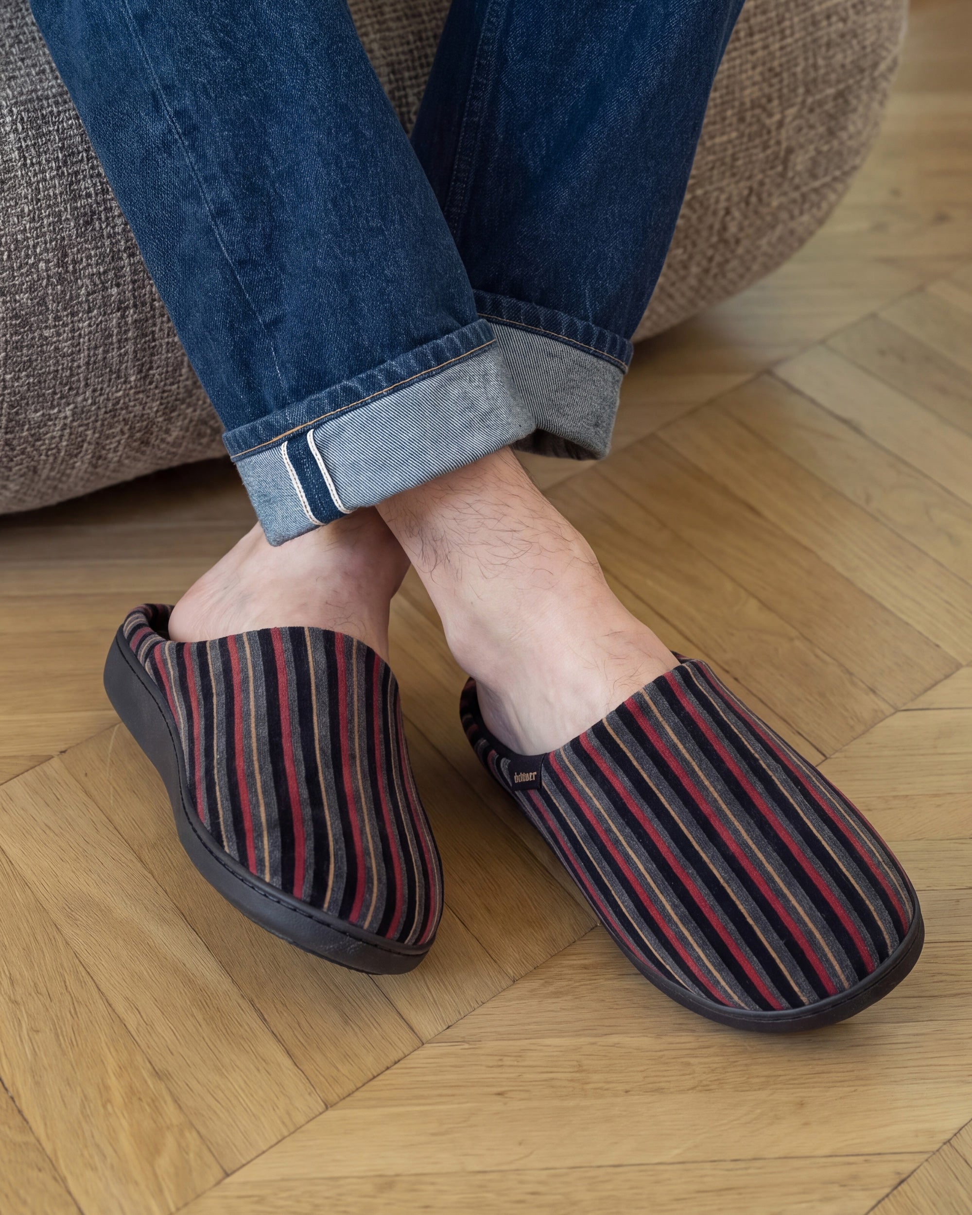 isotoner-chaussons-mules-homme-rayures-bordeaux image 2