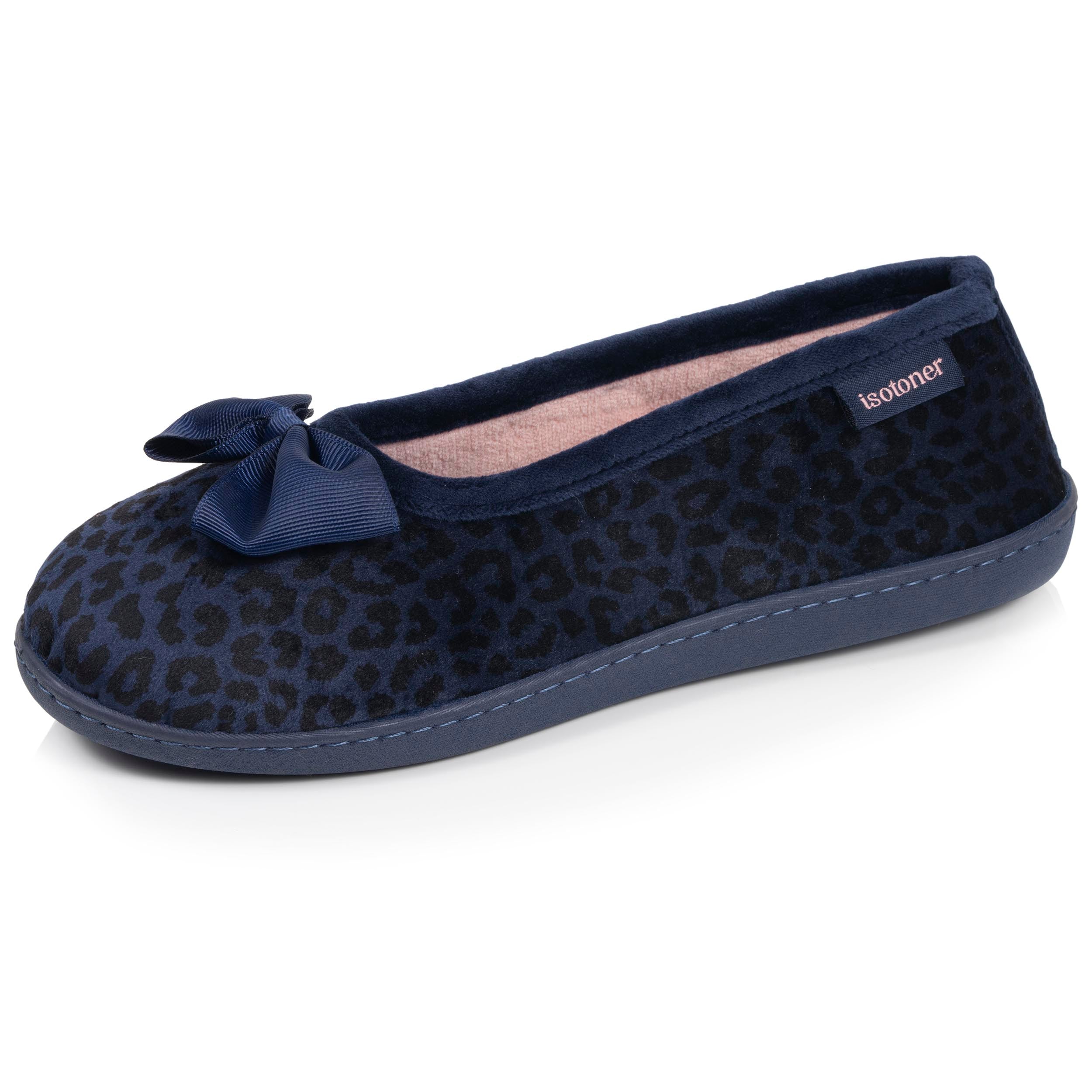 isotoner-chaussons-ballerines-femme-l-opard-marine-microvelours image 1