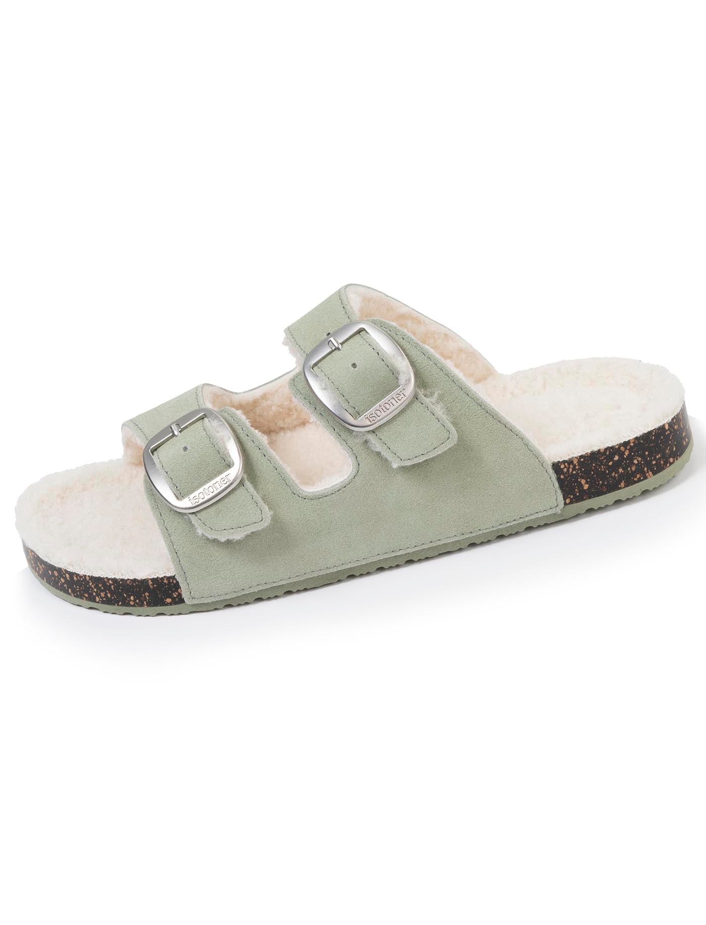 isotoner-chaussons-sandales-femme-sherpa-vert-d-eau-cuir image 6