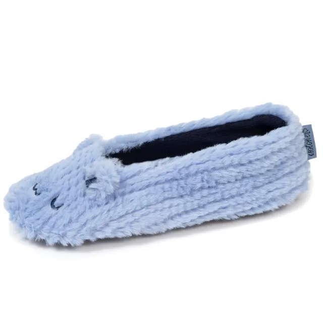 isotoner-chaussons-ballerines-femme-chat-bleu-fourrure-douce image 1