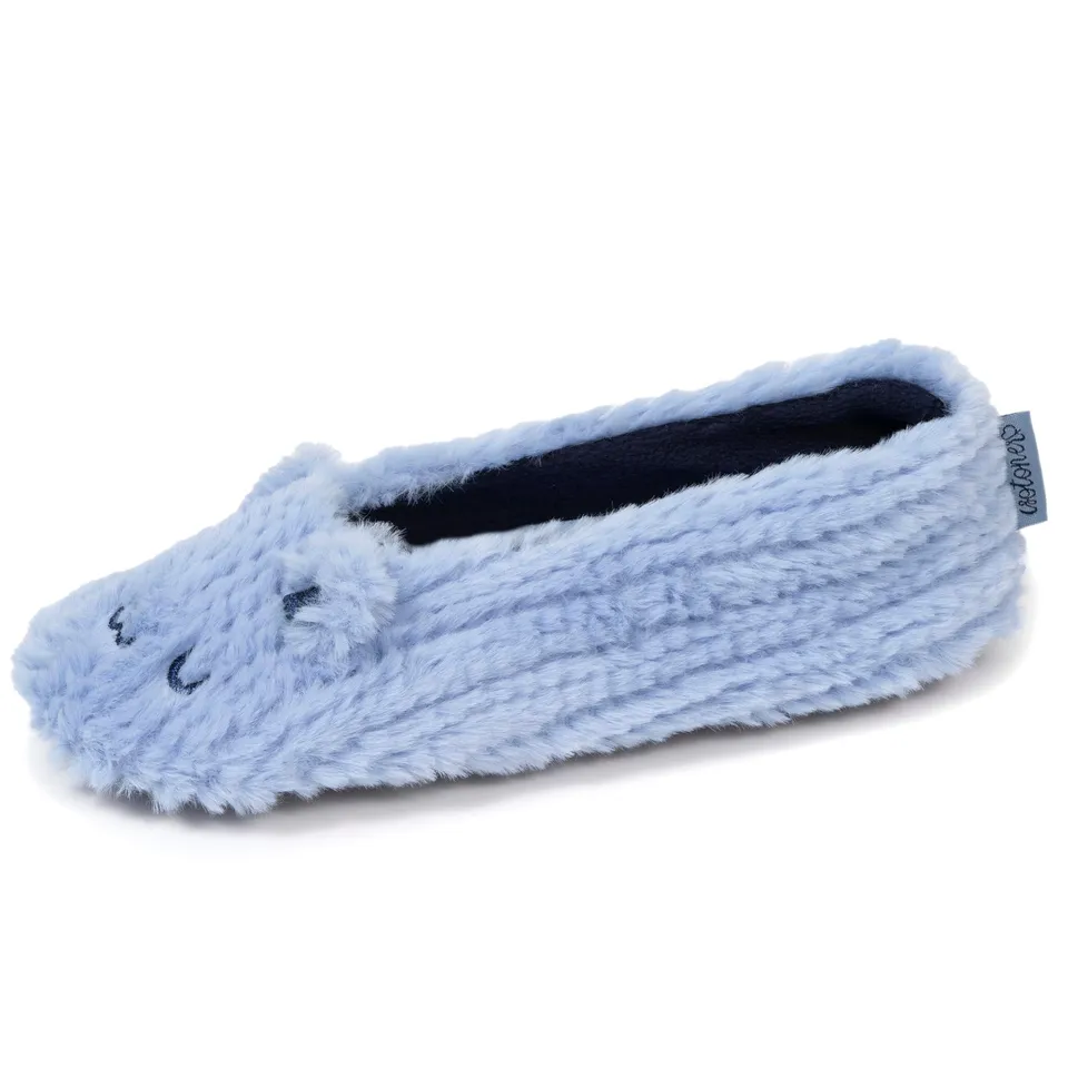 isotoner-chaussons-ballerines-femme-chat-bleu-fourrure-douce image 1