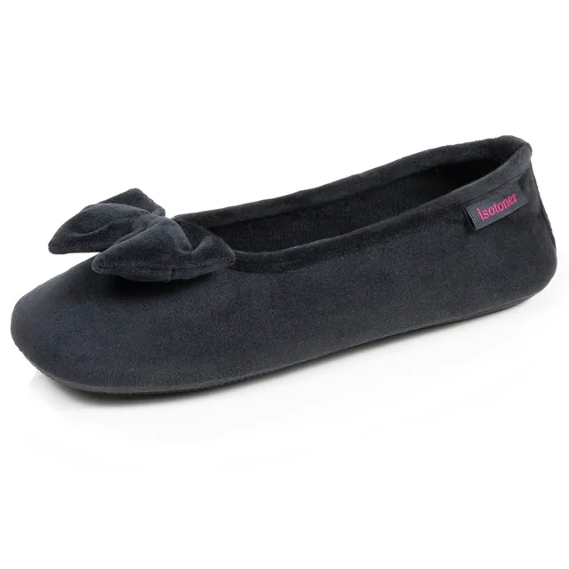 isotoner-chaussons-ballerines-femme-noir-int-rieur-carreaux-rouges image 1