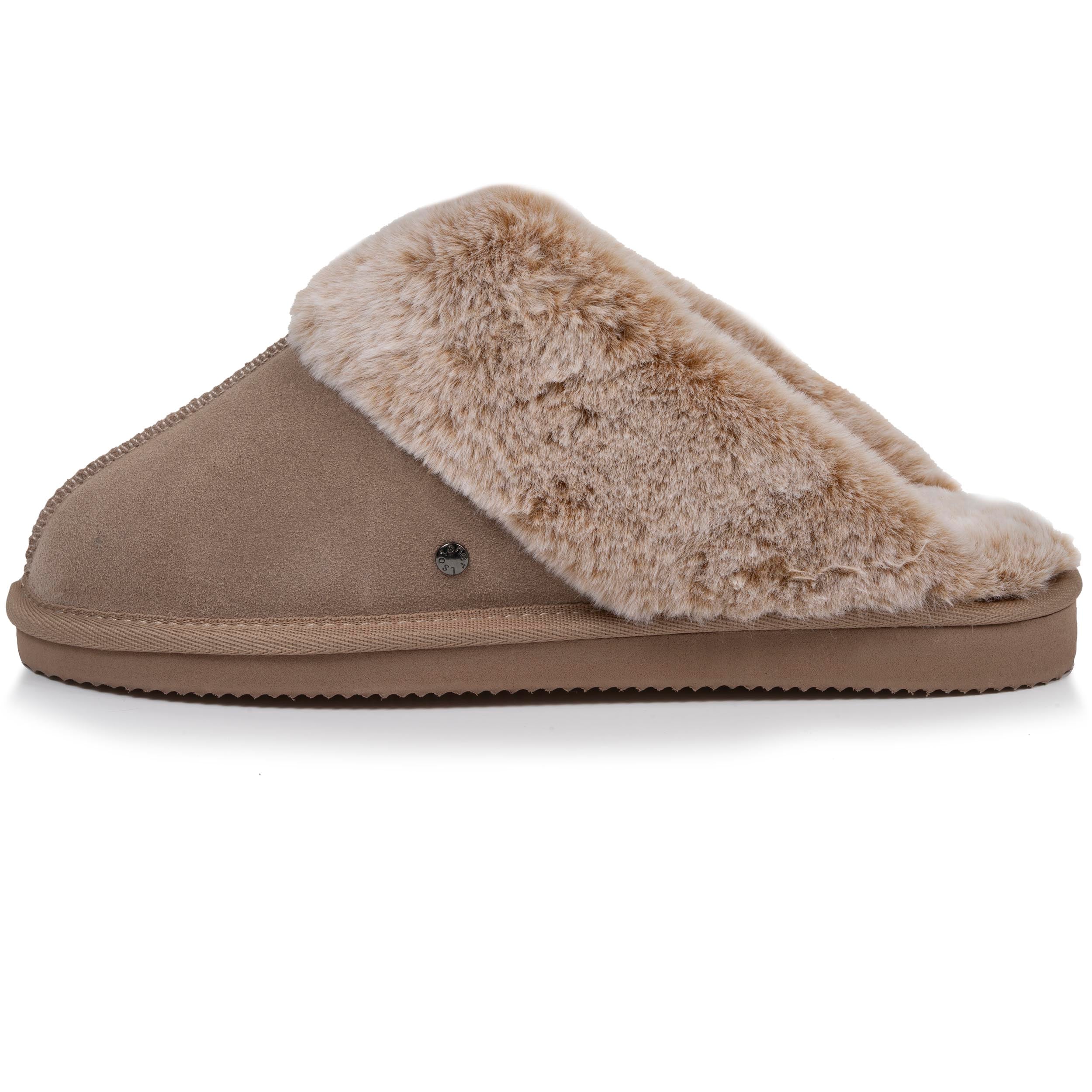 isotoner-chaussons-mules-fourr-es-femme-beige-cuir image 4