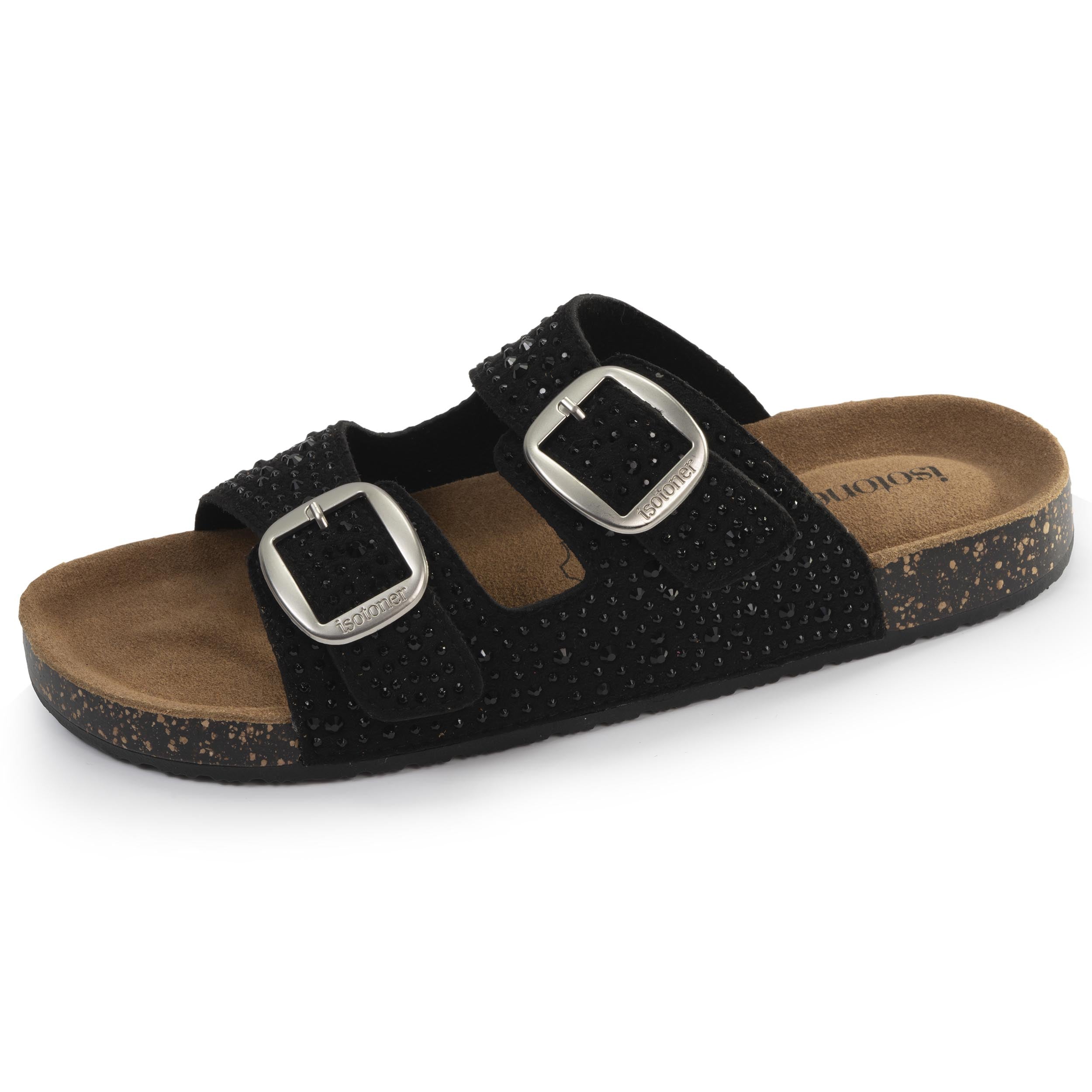 isotoner-mules-sandales-femme-double-bride-noir-strass image 1