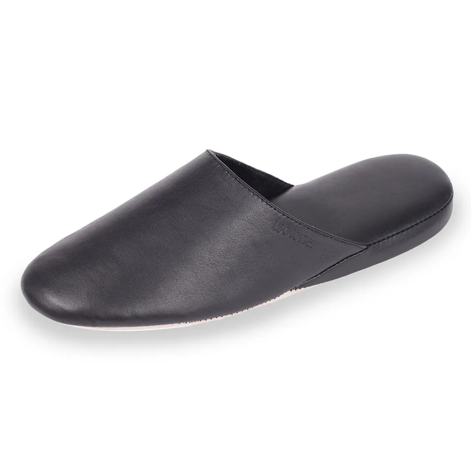 isotoner-chaussons-mules-cuir-homme-noir image 1