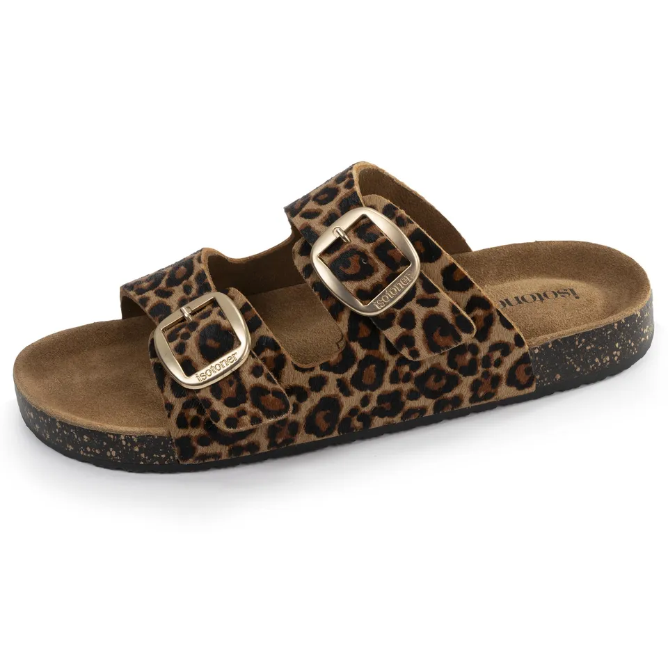 isotoner-mules-sandales-femme-double-bride-cuir-l-opard image 1