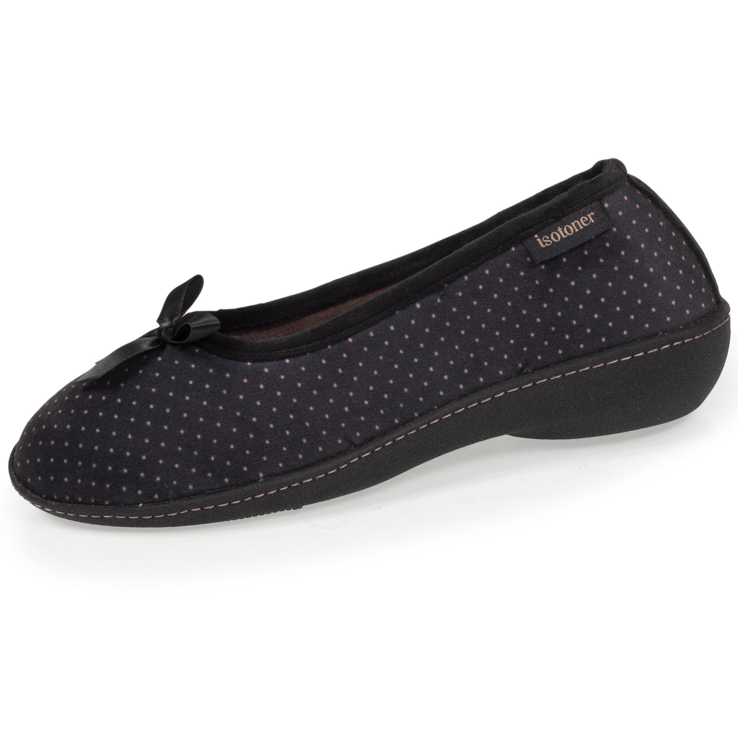isotoner-chaussons-ballerines-talon-femme-noir-pois image 1