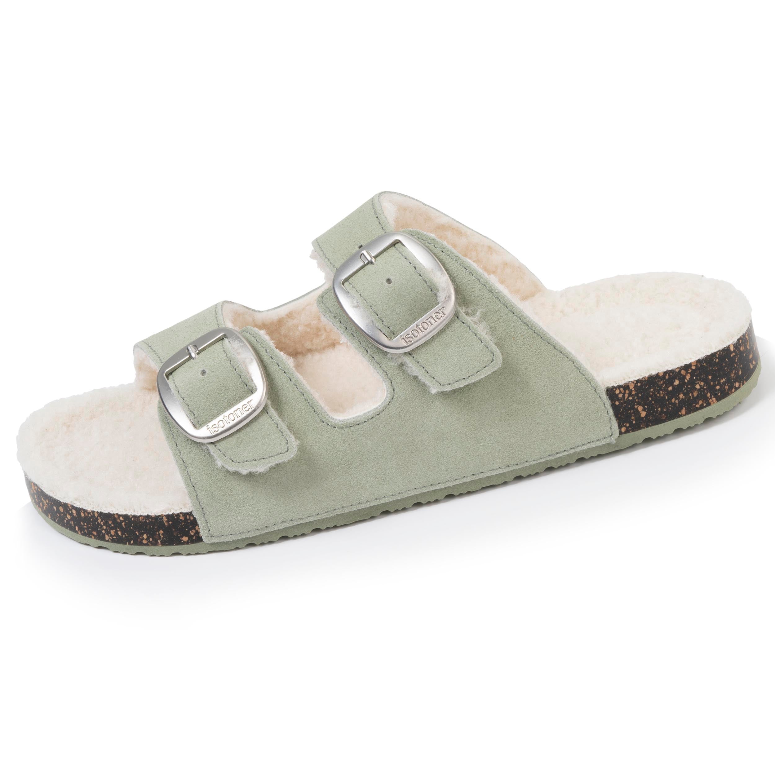 isotoner-chaussons-sandales-femme-sherpa-vert-d-eau-cuir image 1