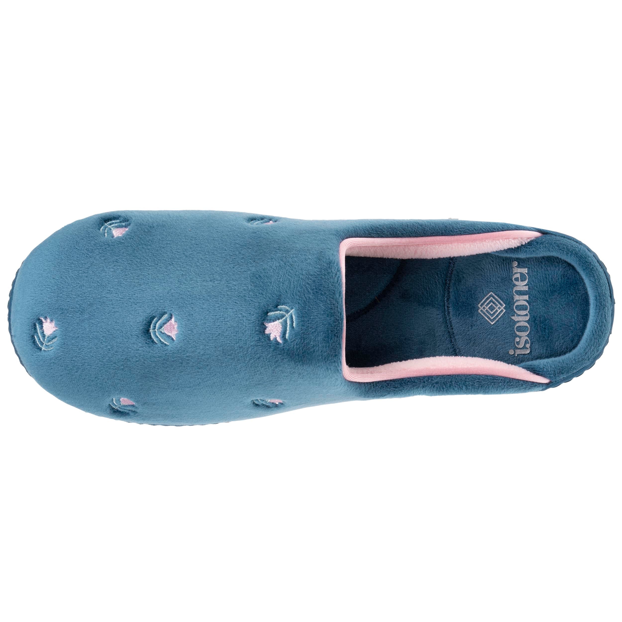 isotoner-chaussons-mules-femme-bleu-canard-fleurs image 2