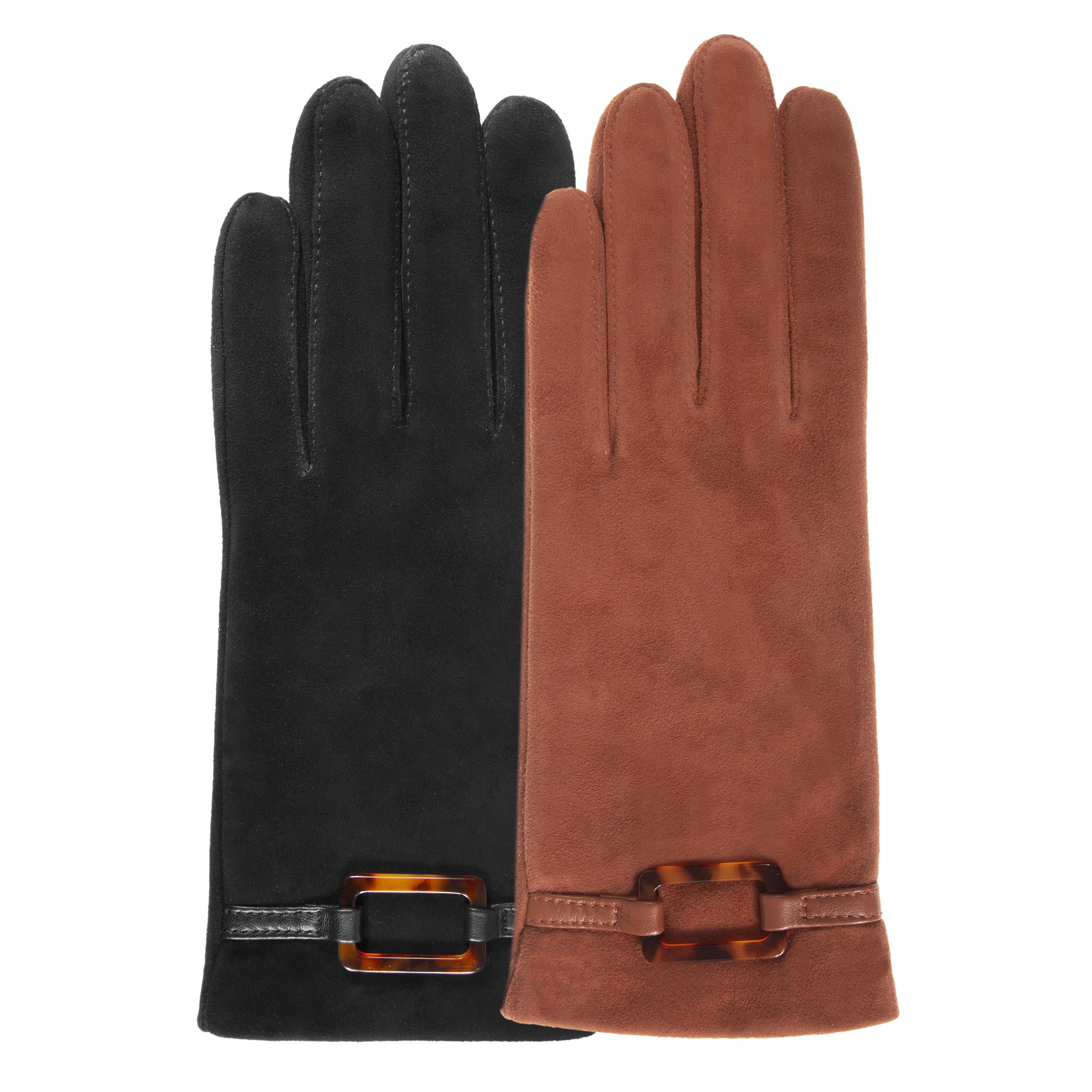 isotoner-gants-femme-cuir-ch-vre-velours-noir-doubl-soie-boucle image 2