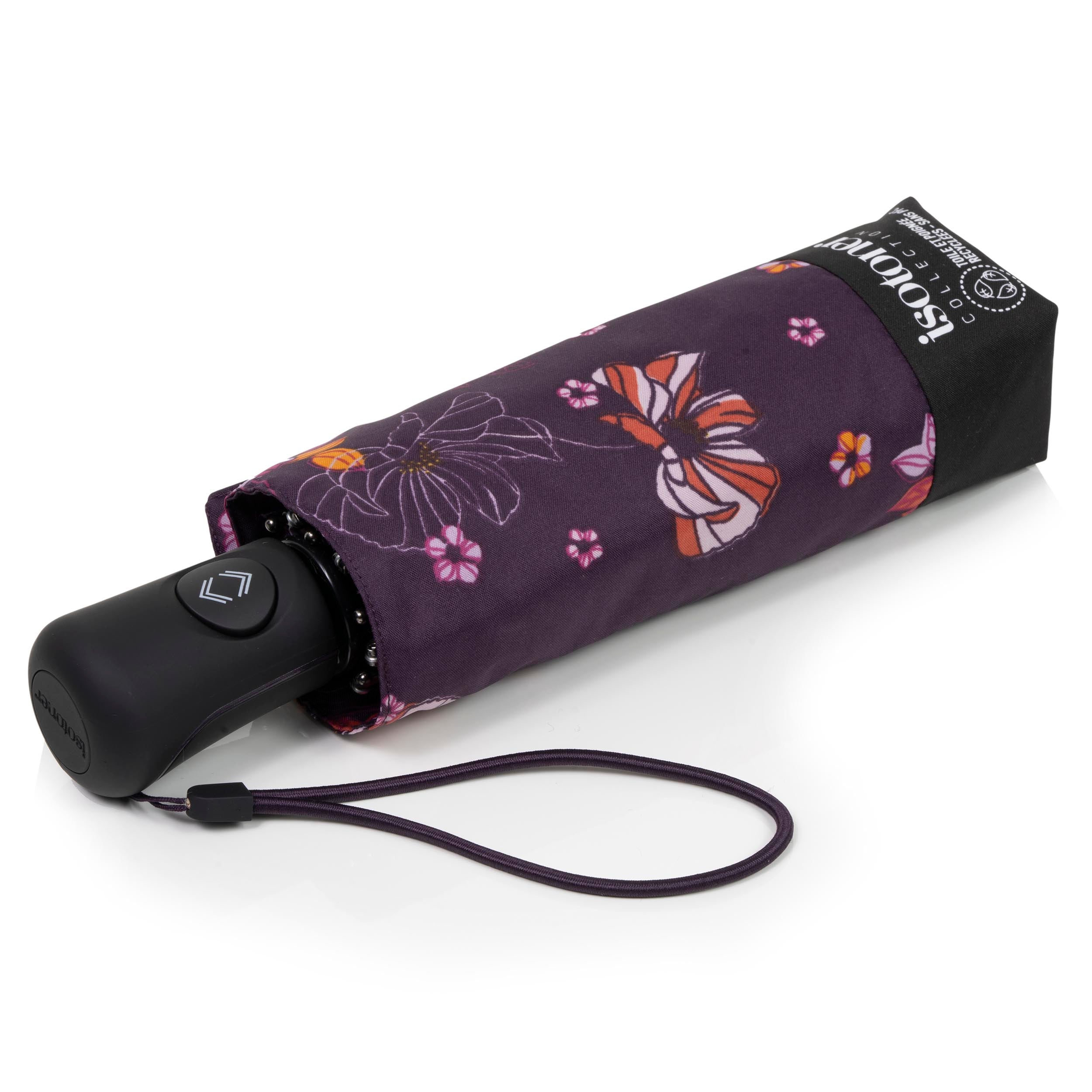 isotoner-parapluie-mini-auto-fleurs-aubergine image 1