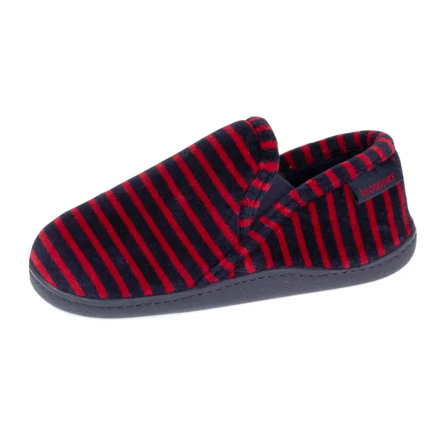 isotoner-chaussons-mocassins-enfant-rayures-bordeaux-marine-velours-coton image 1