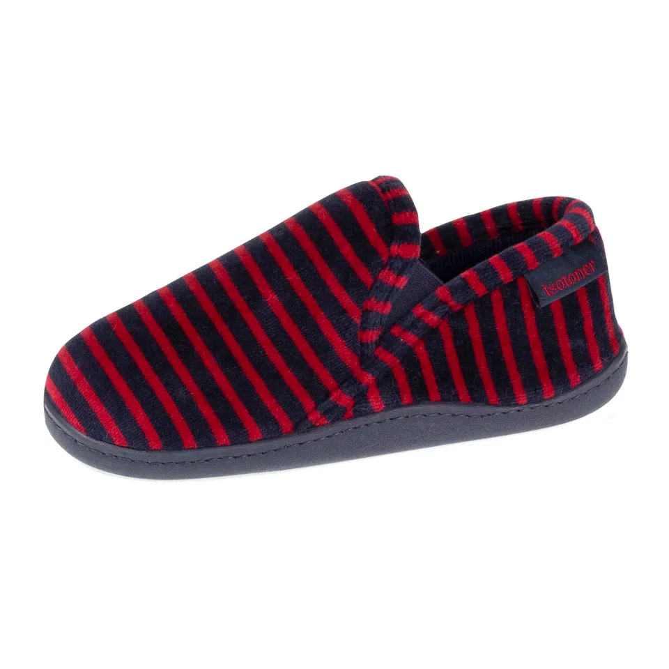 isotoner-chaussons-mocassins-enfant-rayures-bordeaux-marine-velours-coton image 1
