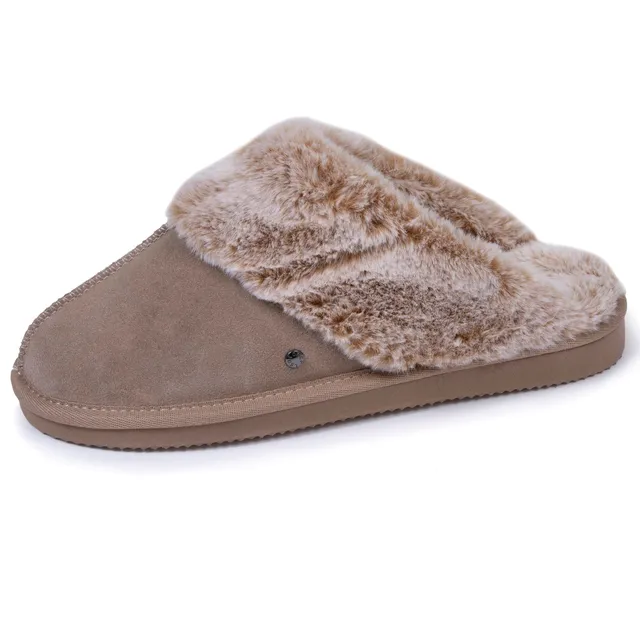 isotoner-chaussons-mules-fourr-es-femme-beige-cuir image 1